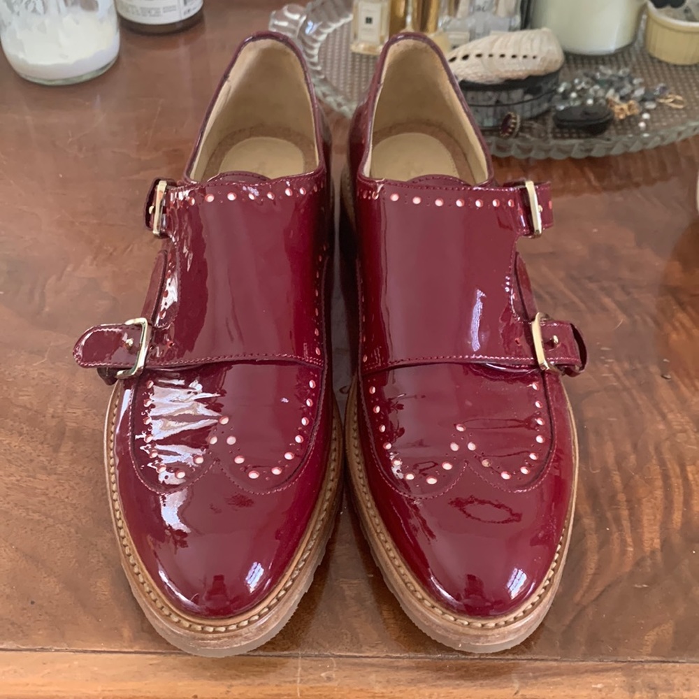 Beautiful ox blood patent leather Angela Scott Monkstrap shoes. Only worn twice!